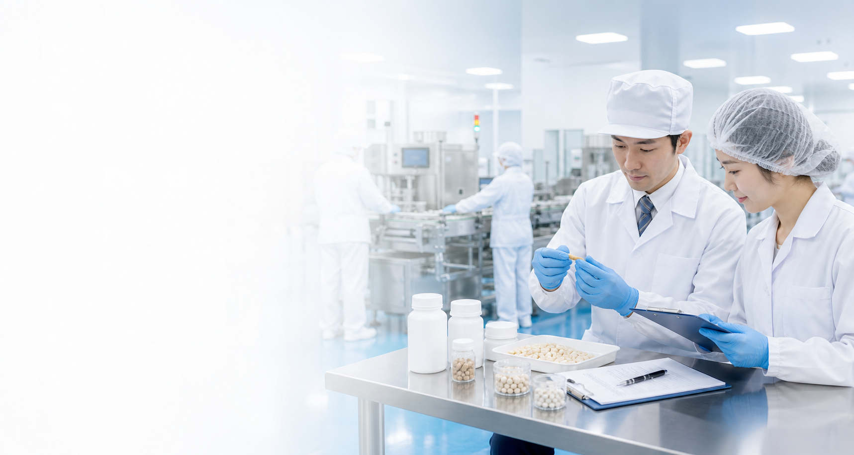 清潔な製造施設で健康食品の品質確認を行うイメージ